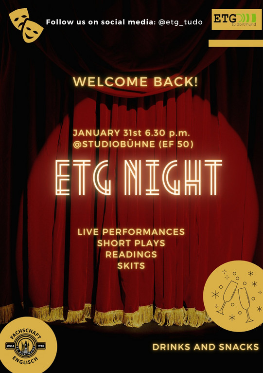 Poster with text inviting to ETG night on the 31. of January at 18:30 in the EF Studiobuehne