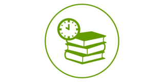 Green icon with books and a clock, green border